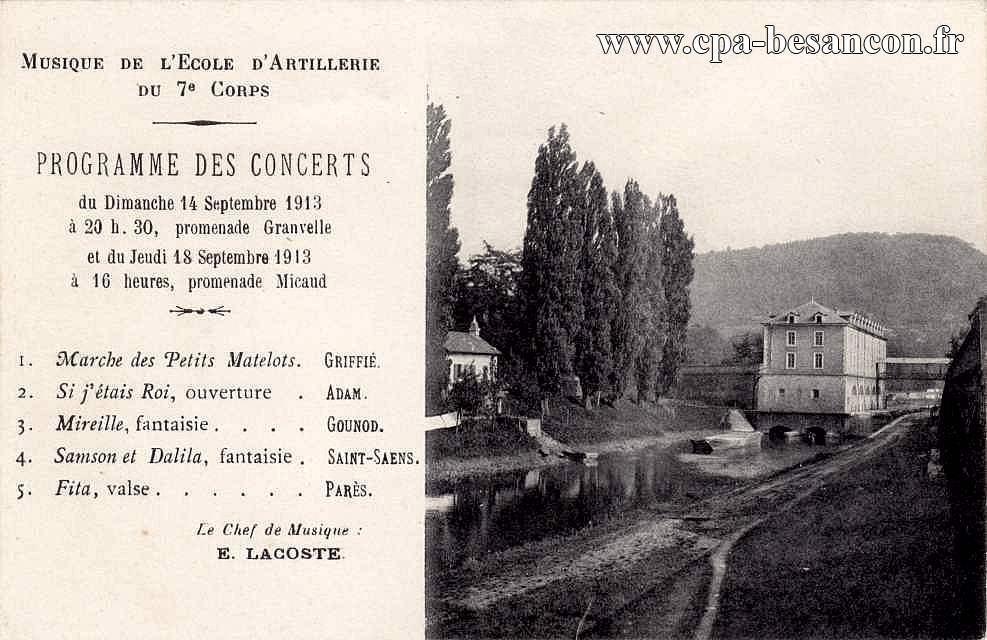 Musique de l'Ecole d'Artillerie du 7e Corps - Besançon - Le Moulin St Paul - Programme des Concerts du Dimanche 14 Septembre 1913 et du Jeudi 18 Septembre 1913 à 16 heures, promenade Micaud
